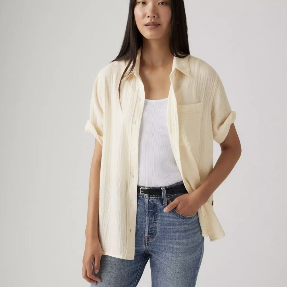 Darlene Short-Sleeve Button Down Shirt Cotton Gauze Cream Size M - Picture 3 of 7